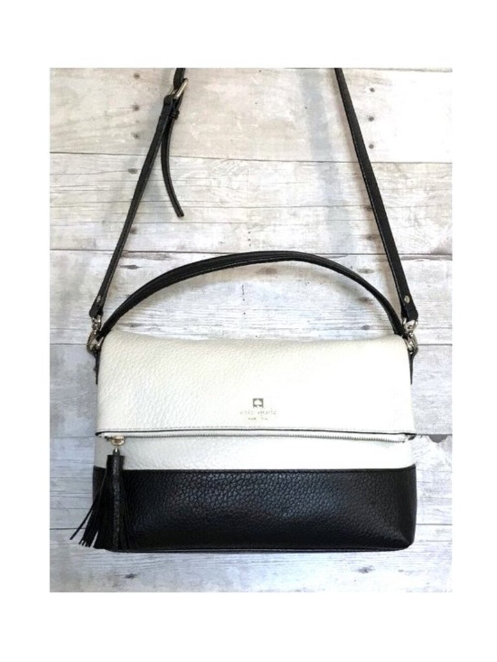 Kate Spade Crossbody Bag Maria Foldover Black & Off White Satchel Handbag Purse